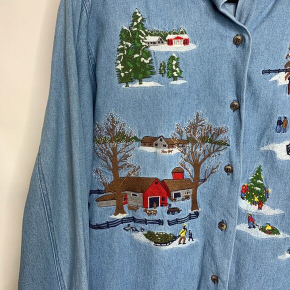 Vintage  Embroidered Winter Scene Chambray Shirt Sz Medium - Picture 2 of 5